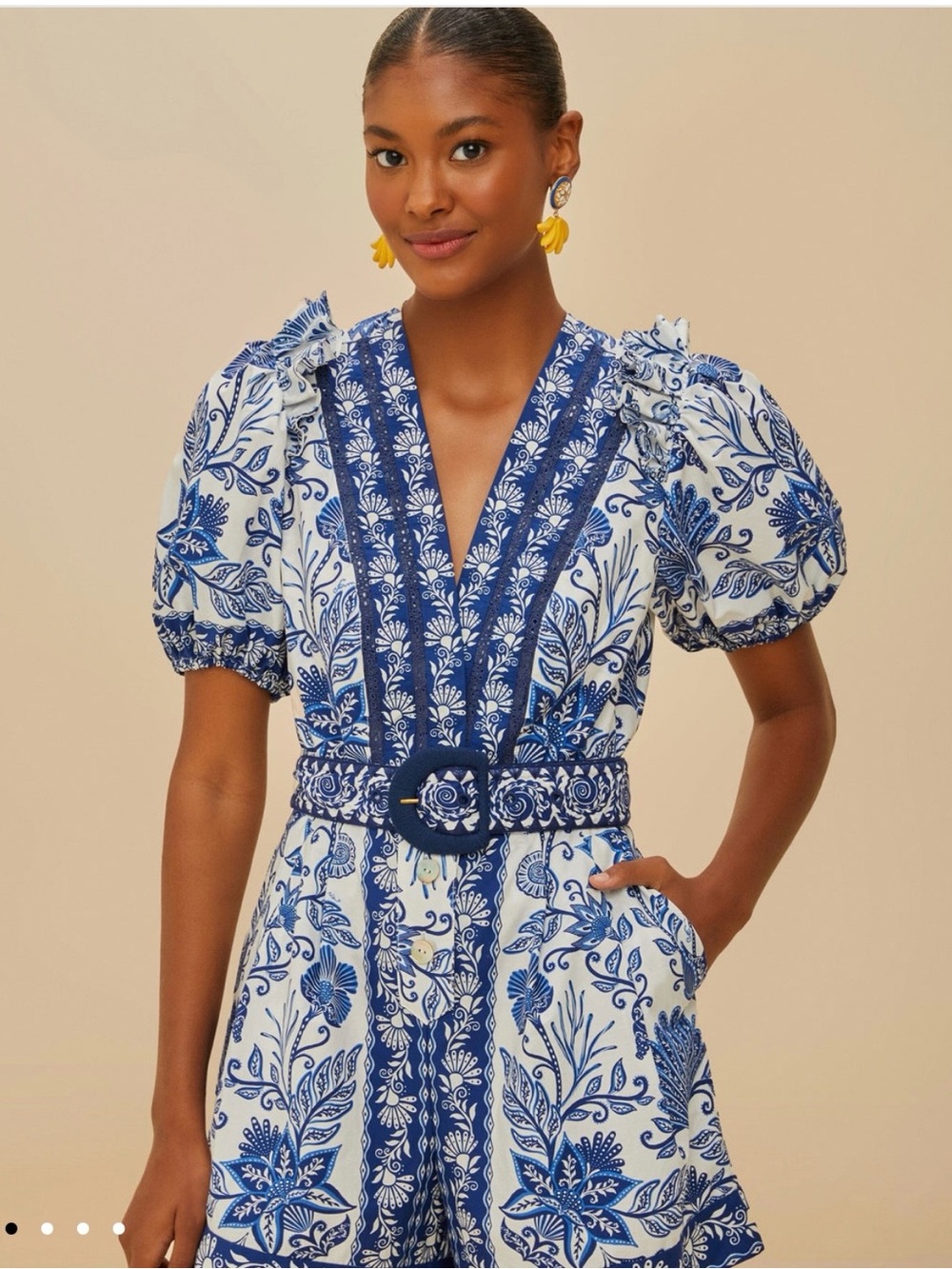 FARM Rio Blue & White Floral Puff-Sleeve Belted Romper - NWT